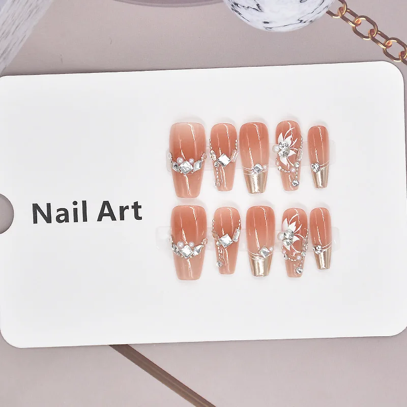 Silberner magischer Spiegelpulver, lange Maniküre, zum Aufdrücken von Nägeln, Strass-Charms