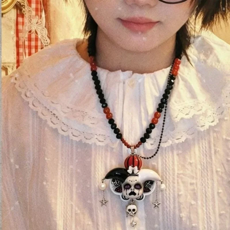 Dark Aesthetic Gothic Pendant Necklace Women Multi Layer Black Red Beaded Chain Dark Y2K Harajuku Streetwear Jewelry