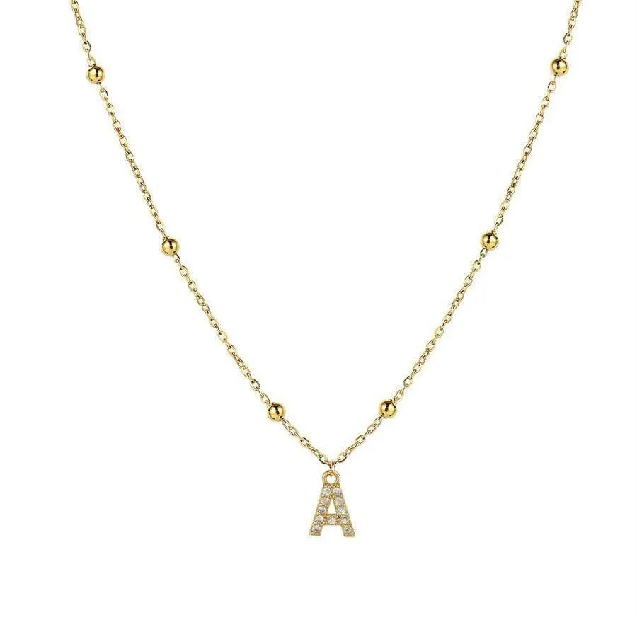 Collar con colgante de 26 letras de circonita, cadena de cuentas de acero inoxidable, Micro pavimentado, joyería para mujer