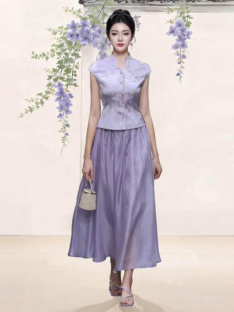 

Summer 2026 New Chinese Style V-neck Sleeveless Vest with A-line Pleated Skirt Set Women's Fashion Two-piece Suit