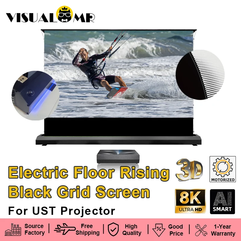 

Электрический напольный ALR, черная сетка UST, проекционный экран, натяжение, моторизованный ПЭТ-кристалл, 72-120 дюймов для UST Laser TV 3D 8K