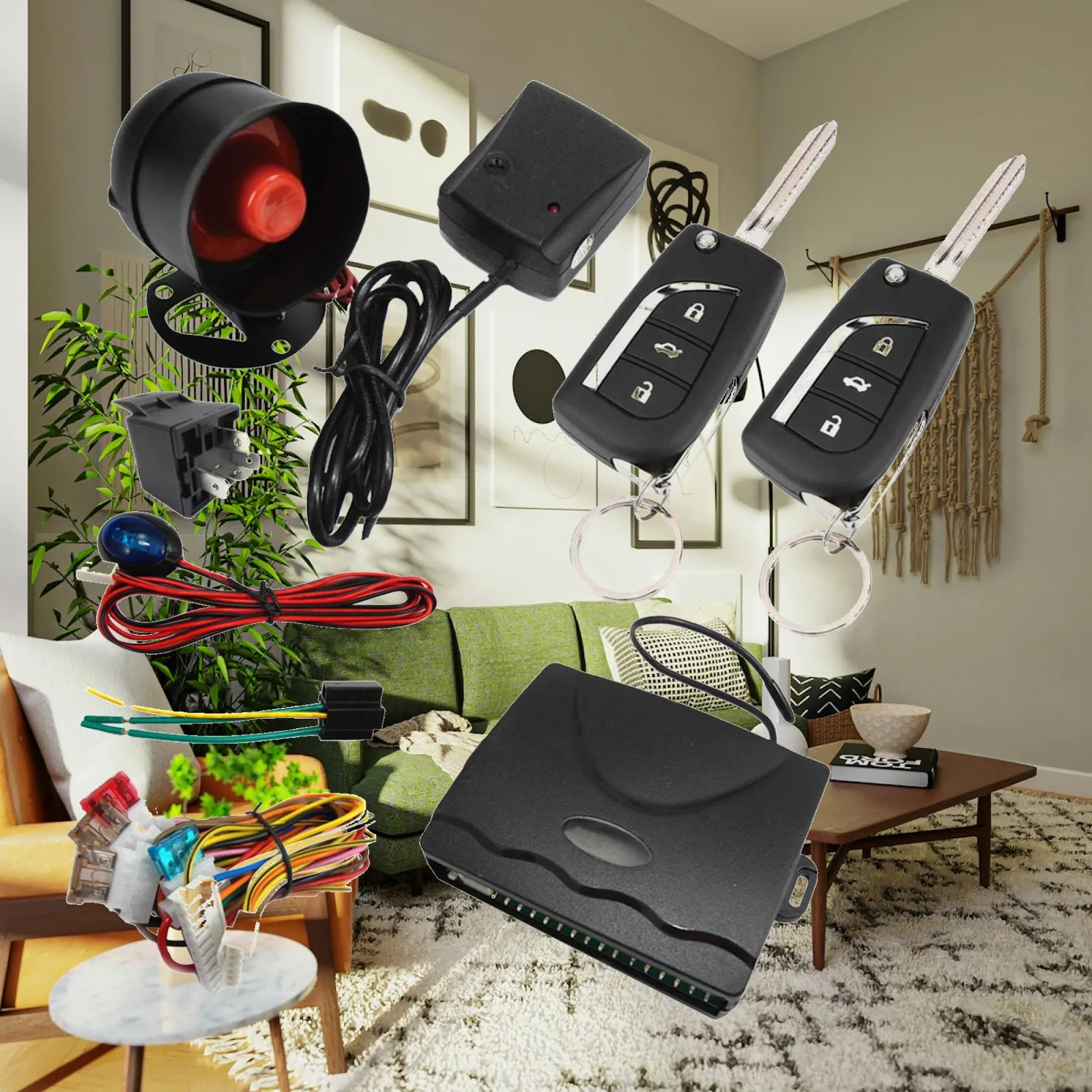 Auto Remote Central Kit Car Alarm 1 Way Start Keyless Entry System with 2 Key Fobs Shock Sensor for Universal Vehicles