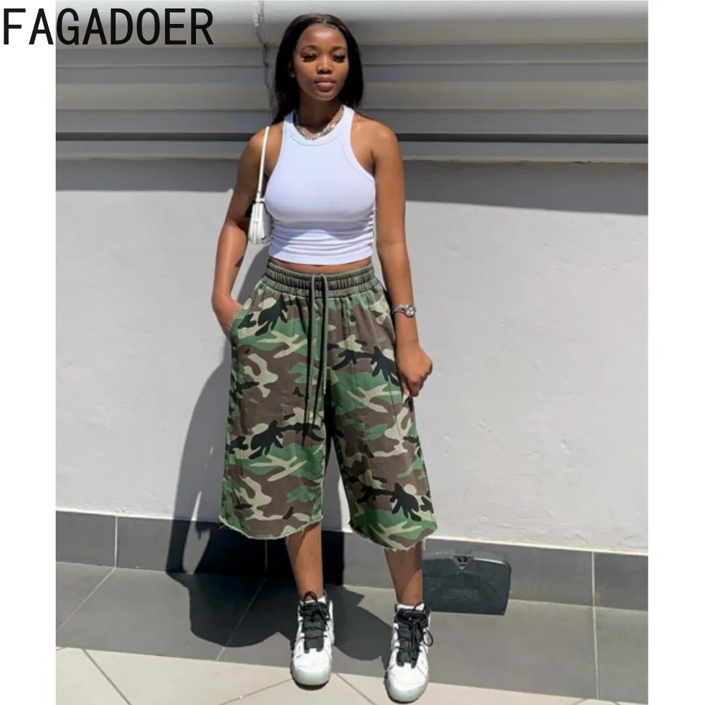 FAGADOER Fashion Camouflage Printed Loose Wide-leg Shorts for Women 2026 Casual Cuched Drawstring Capri Pants Streetwear Bottoms