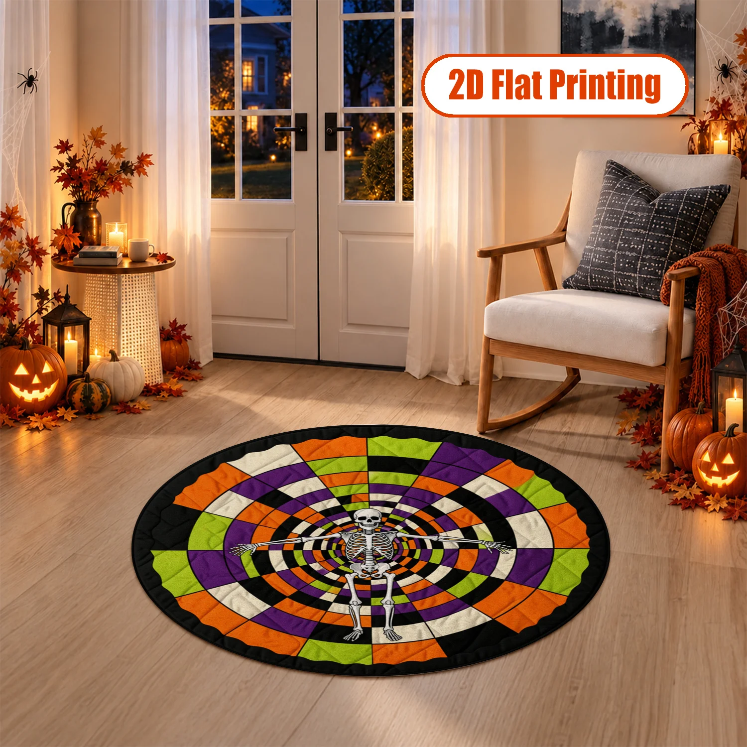 Skeleton Pattern Round Velvet Mat Machine Washable for Living Room Dining Room Bedroom Halloween Thanksgiving Christmas Black Friday Cyber Monday New Year Decor