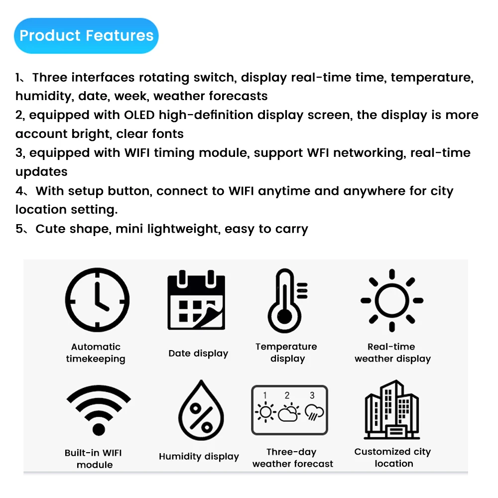 ESP8266 Mini Zegar Elektroniczny DIY Kit OLED 2.4G WIFI Czas Temperatura Wilgotność Data Tygodnia Prognoza Pogody DC 5V Zegary