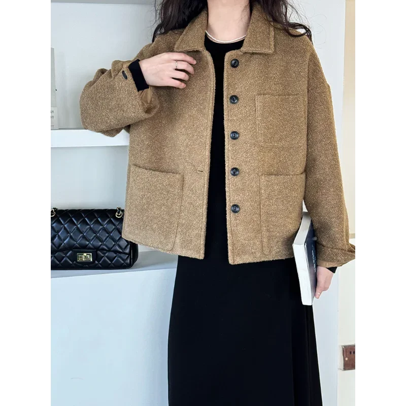 

Khaki Wool Blended Tweed Jacket Female Korea Small Fragrance Casual Loose Autumn Winter Fashion Basic Long Sleeve Women Jacket