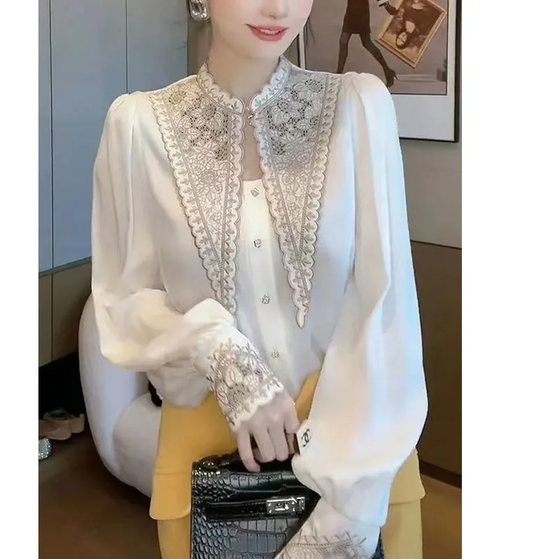 Fashion Korean White Embroidered Peaked Collar Blouse Women New Classic Long Sleeve Casual All-match Temperament Lady Shirt