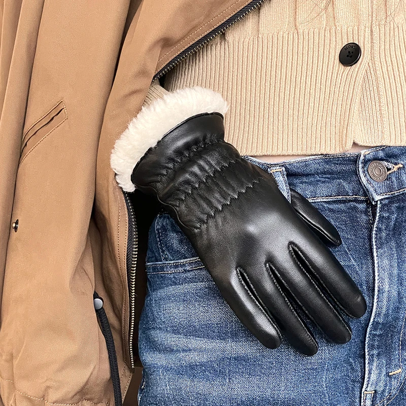 レディース-thiened-本革手袋-秋冬-イープスキン-パッチワーク-暖かいファッショナブルな指付き手袋-カップル用