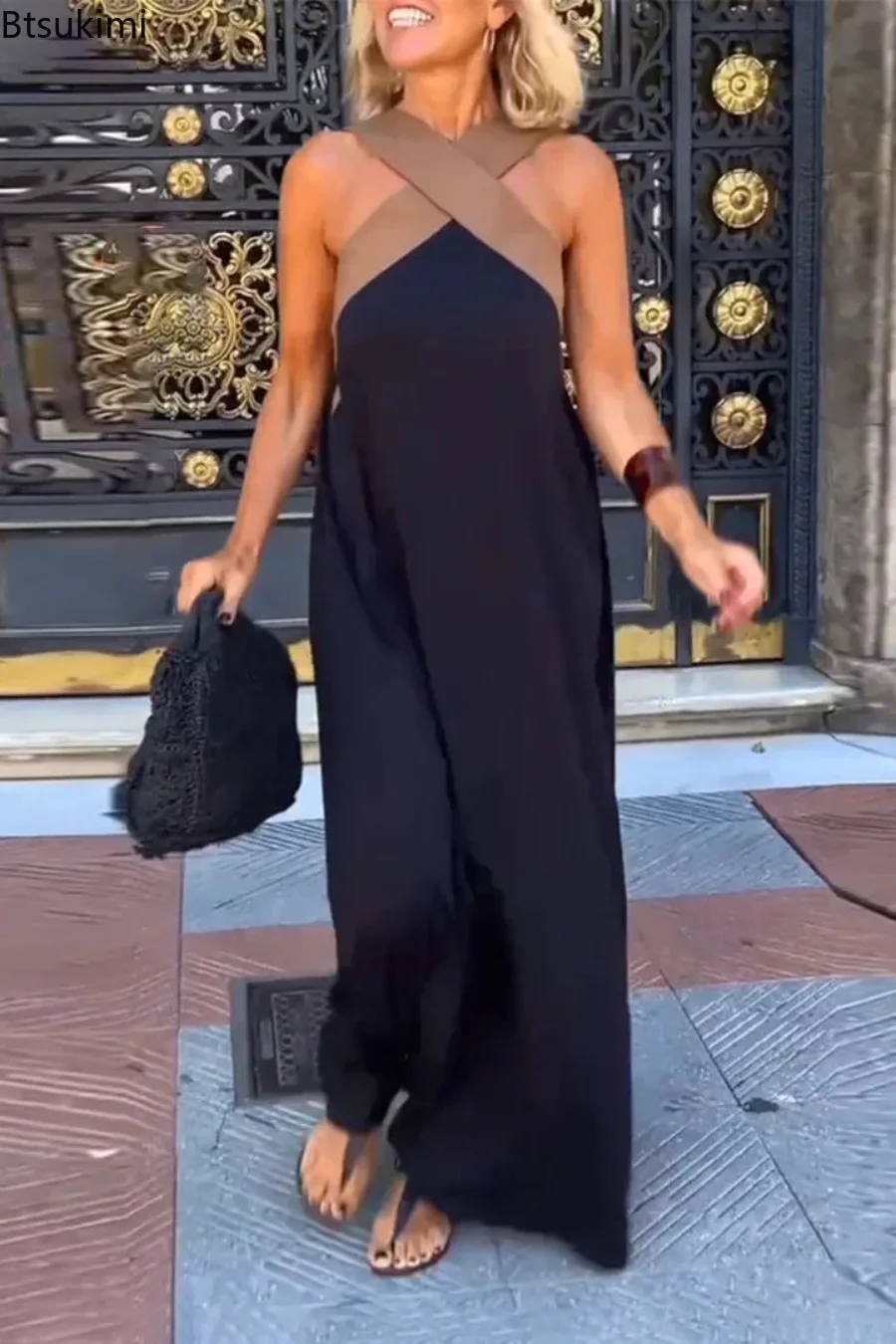 

New Vintage Women Sexy Hollow Shoulder Contract Color Maxi Dress Elegant Summer Sleeveless Backless Halter Slim Party Dress 2025