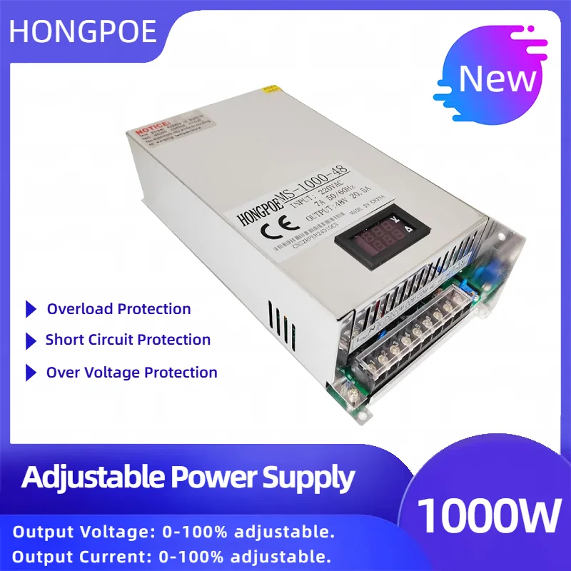 

1000W Adjustable Power Supply Digital Display 0-12V 15V 24V 36V 48V 60V 72V 85V 90V 110V 150V 200V DC Input 110V/220VAC SMPS
