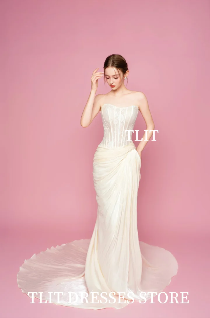TLIT เรียบหรูสีงาช้างผ้าไหมออร์แกนซ่างานแต่งงานชุดเกาหลีถ่ายภาพเดรปชุดเจ้าสาวที่ไม่มีสายหนังที่กำหนดเองอย่างเป็นทางการผู้หญิง