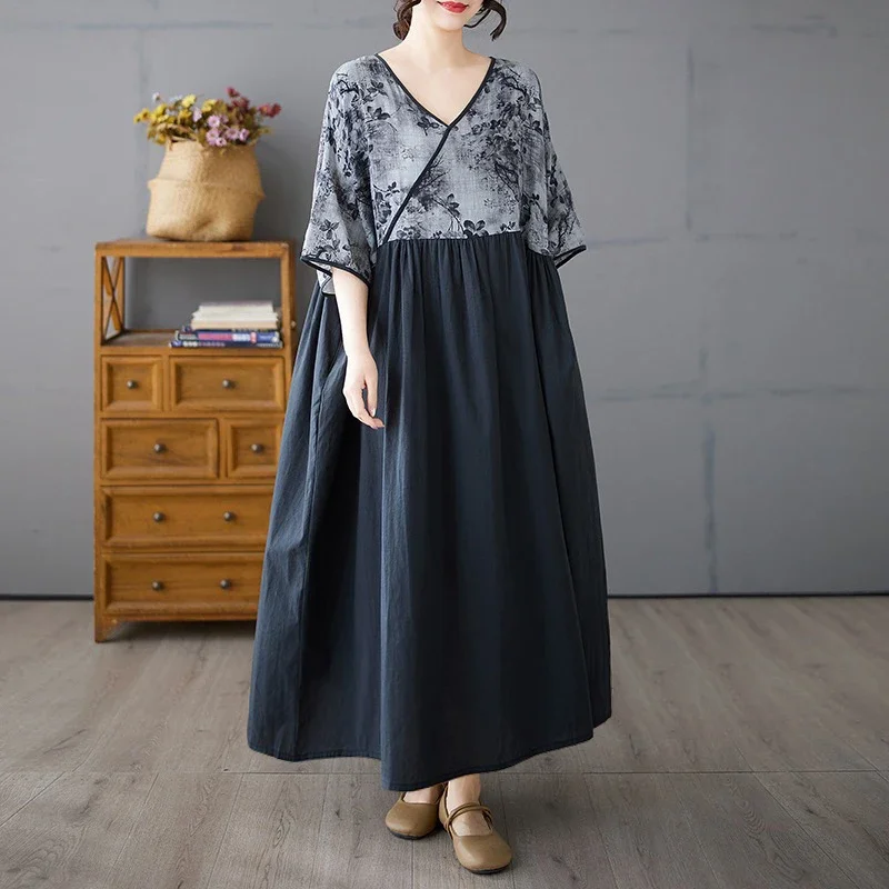 

Summer Printed Splicing Dress for Women Large Size Mid Sleeve V-neck Cotton Hemp Long Style Large Swing Dress Female S30