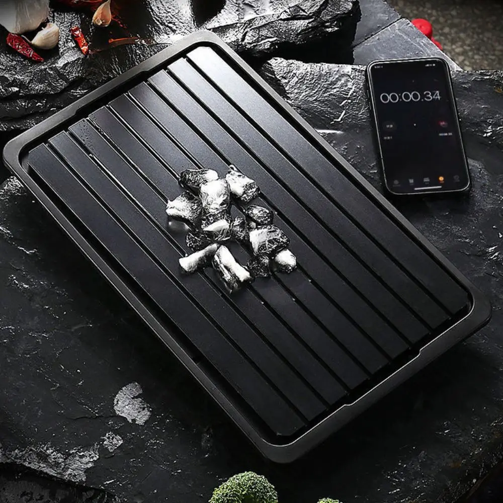 Bandeja de descongelación rápida de aluminio para el hogar, Rectangular con caja de almacenamiento de agua, placa de descongelación de carne negra, tablero congelado de ternera