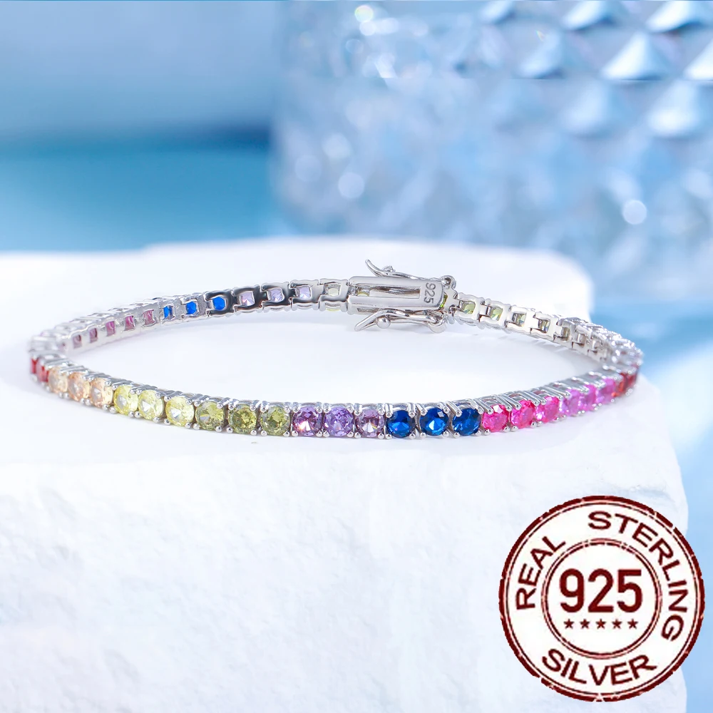 CWWZircons Real 100% Sterling Silver 925 Rainbow Tennis Chain Bracelets for Women Fine Colorful CZ Bohemian Daily Jewelry SB001