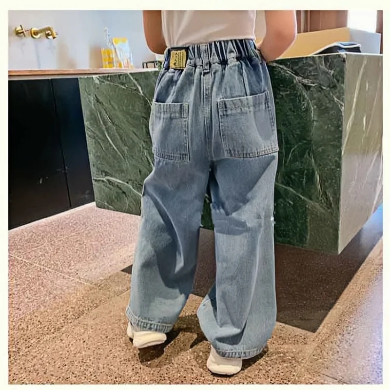 Fashion Forward Children Cotton Ripped Wide Leg Jeans Stylish and Comfortable Denim Pants for 3-8Y Kids Girl Cool Denim Trousers