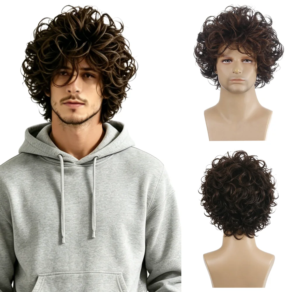 

Men's Short Fluffy Curly Wig Dark Brown Natural Looking Synthetic Heat Resistant Full Head Wig For Men Daily Wear Cosplay Party