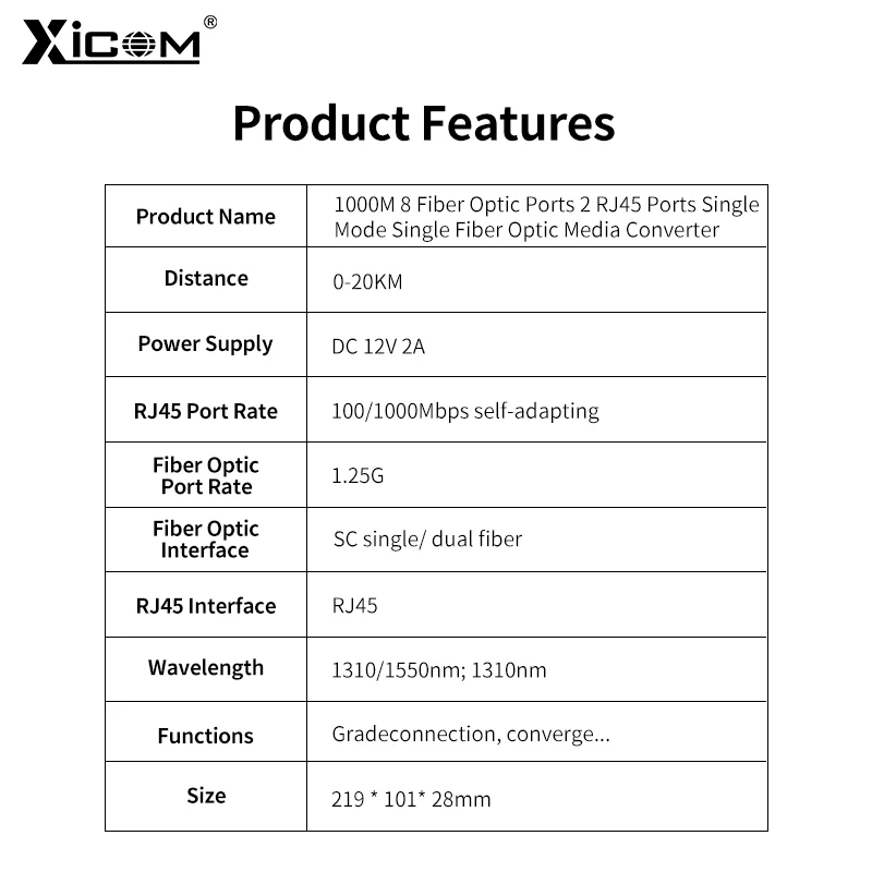 100/1000M Gigabit Ethernet Fiber Switch 8*1.25G Fiber Port 2 RJ45 Port Media Converter 20KM SC Single Mode Optical Transceiver