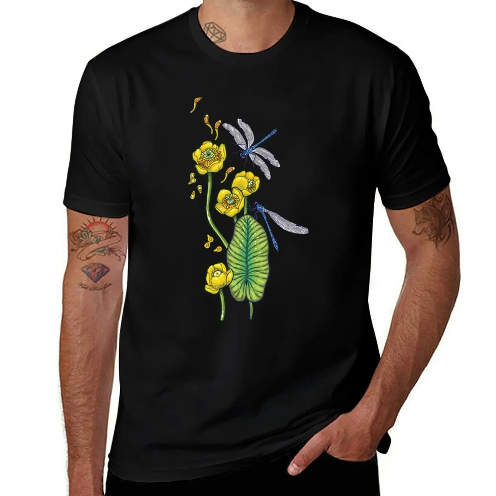 

yellow water lilies and dragonflies T-Shirt cotton t shirts man 100% men t shirt cotton 100% t shirt custom print T-Shirt