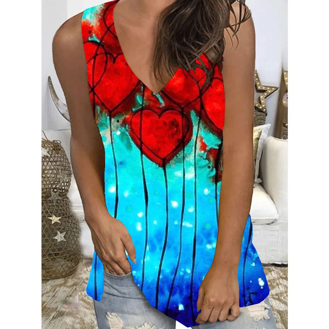 Camiseta sin mangas con estampado 3D de corazones de amor de Graffiti colorido para mujer, camisolas sin mangas con cuello en V, chaleco con hombros descubiertos, Tops Y2k para mujer, ropa nueva