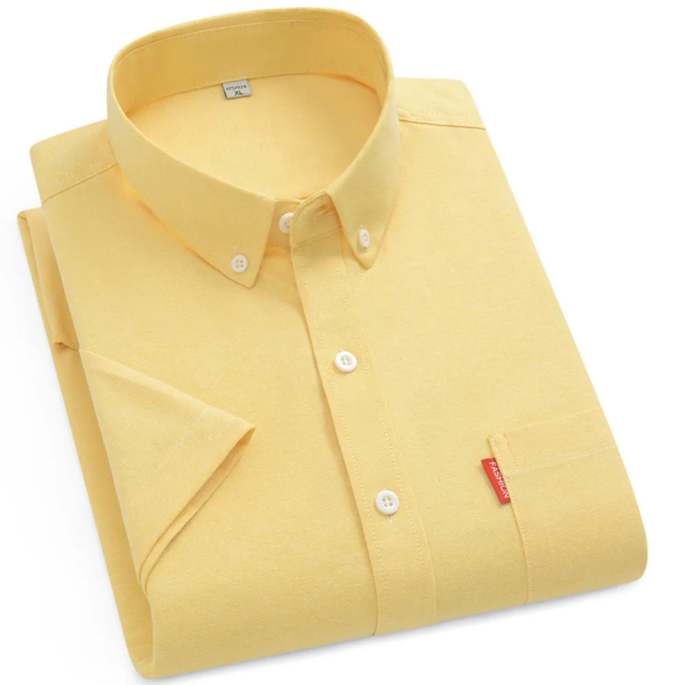 

2025 New Men's Oxford Shirts Luxury Short Sleeve Summer Casual 100% Cotton High Quality Solid Color Business Social Yellow Tops