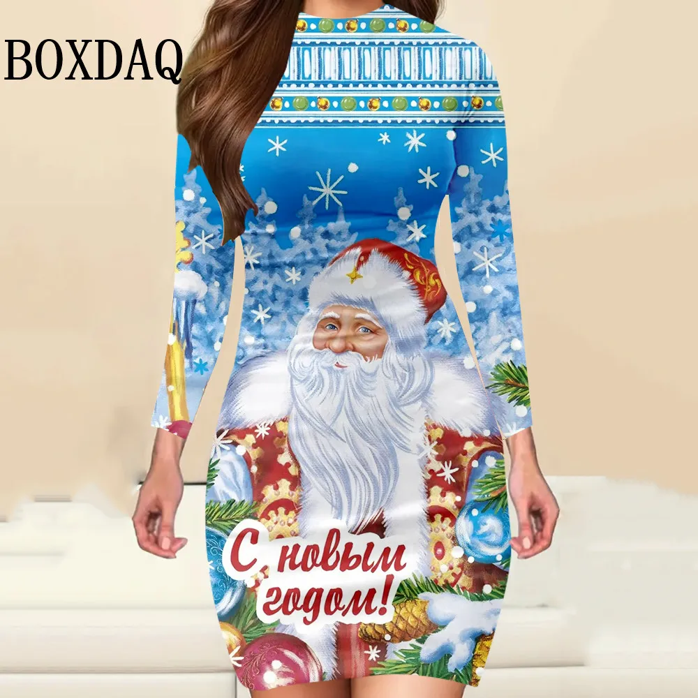 Damska sukienka z długim rękawem, świąteczny nadruk 3D, dopasowana sukienka bodycon z okrągłym dekoltem, elegancka, modna, zimowa sukienka mini na imprezę, odzież 2025
