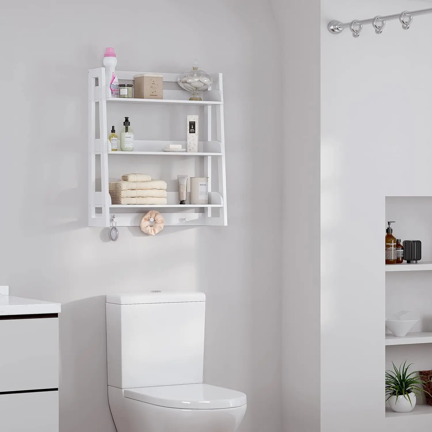 

3-Tier No-Drill Over Toilet Shelf White, with Hooks & Space Saving - For Small Bathroom Organization