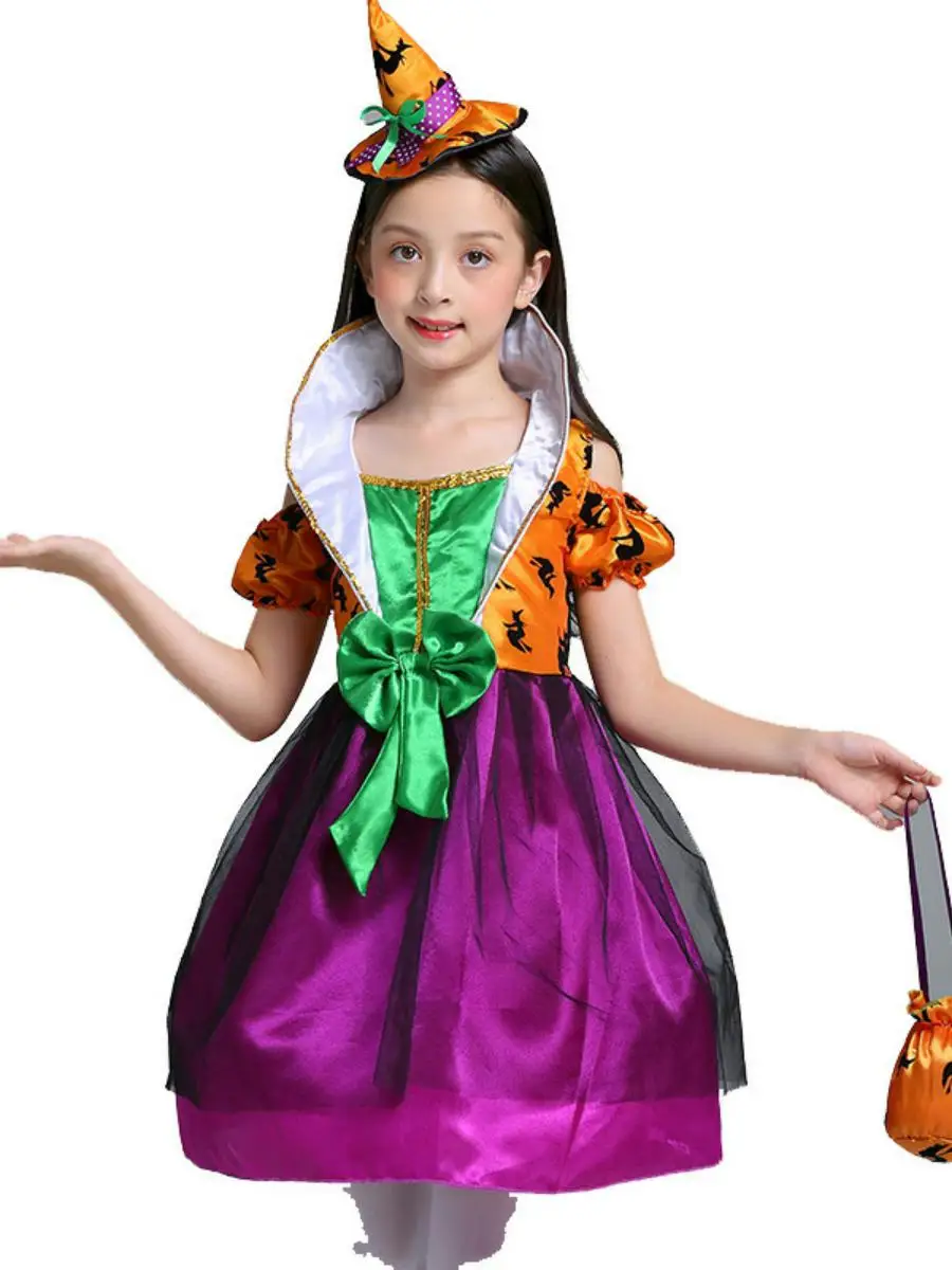 Fantasia de bruxa infantil loween, macacão de morcego eup par abóbora, roupas de performance de poliéster, fibra de acetato 00%