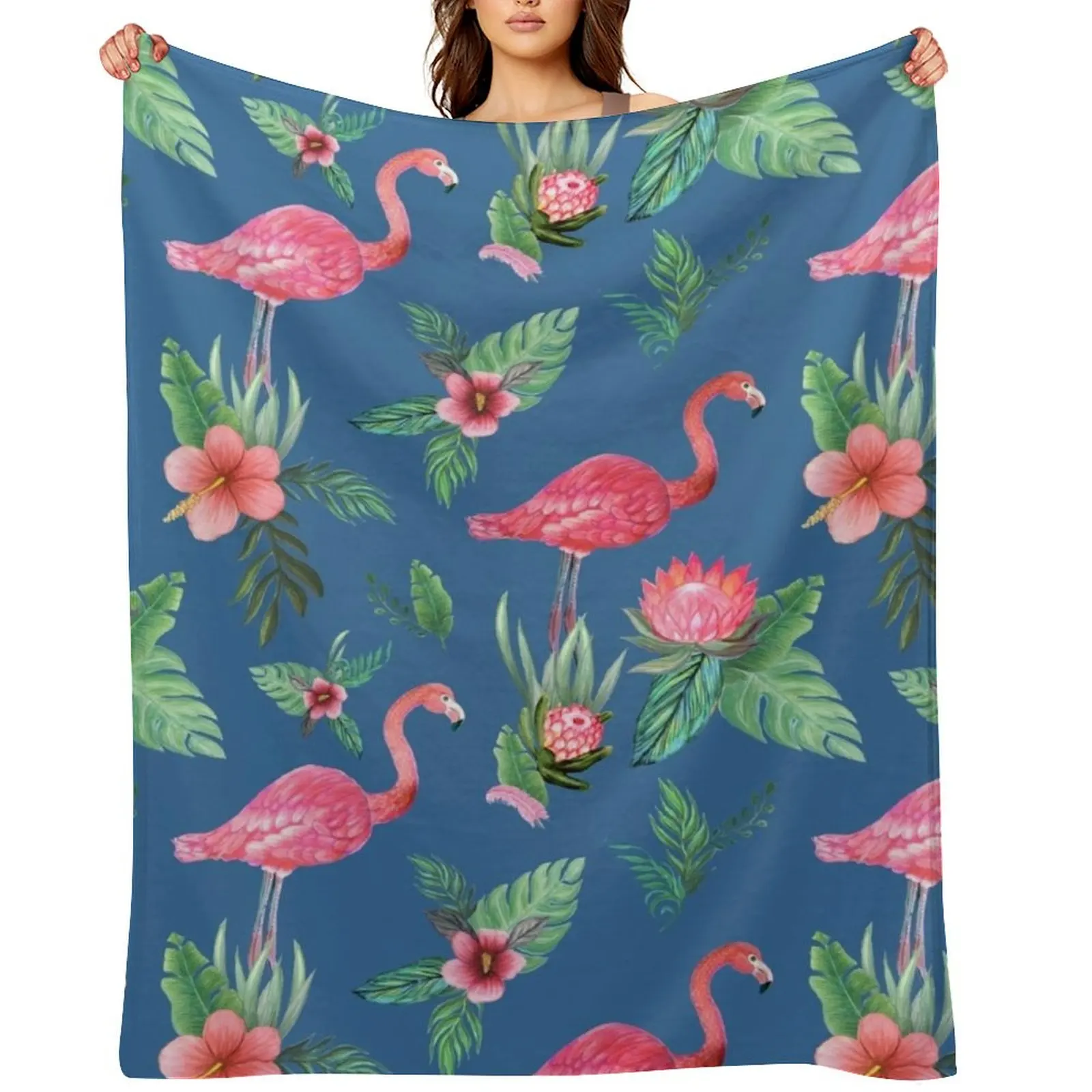 

Flamingo Watercolor painting with Protea, Hibiscus and Palms by MagentaRose Throw Blanket Nap Soft Plush Plaid Blankets