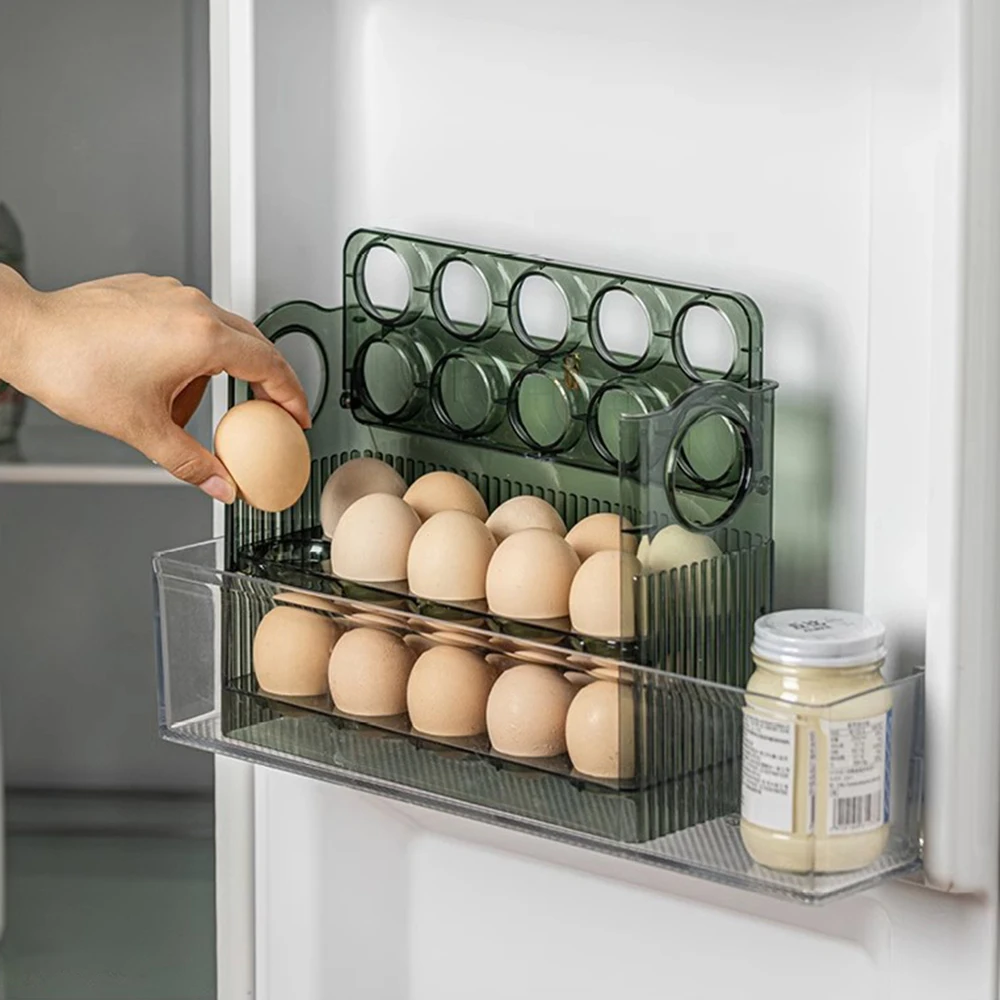 Egg storage rack, 3-layer automatic turning egg storage box, suitable for refrigerator, kitchen, 30 large-capacity storage boxes