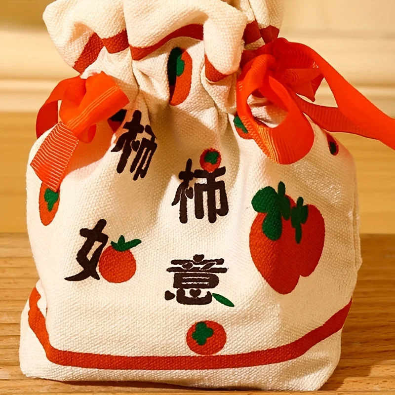 1PC Good Luck Canvas Bag, Wishful Persimmon Style Gift Bag Creative Drawstring Wedding Candy Bag, Special For Festivals New Year