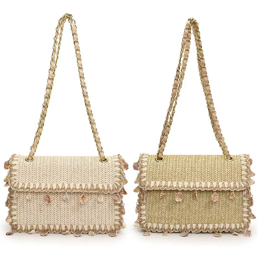 

Women Stylish Knitting Sling Bag with Chain Shell Tassel Satchel Bag Large Capacity Flip Small Square Bag Travel Vacation Bag