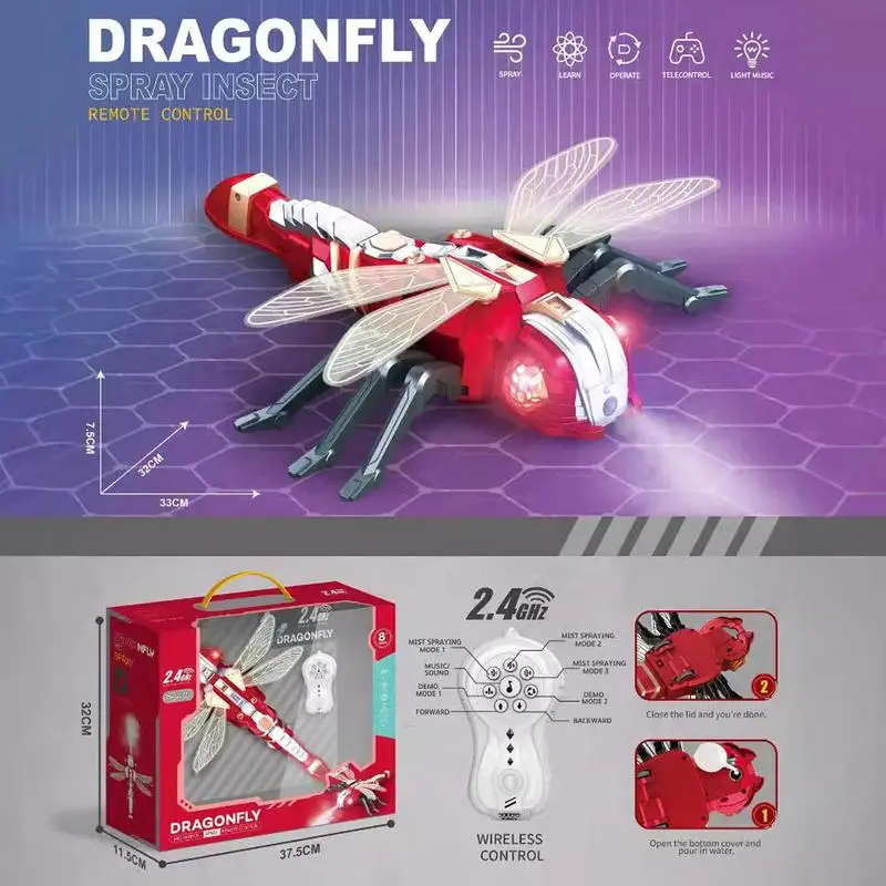 RC Dragonfly 2,4 Ghz Afstandsbediening Dragonfly Model Robot Dragonfly met spray en LED-verlichting RC realistische muziekbot voor kinderen