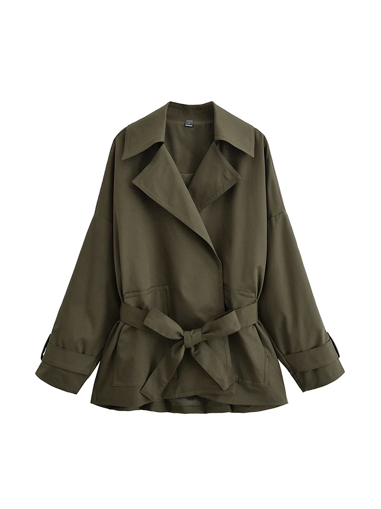 

Новая женская мода в европейском стиле, универсальная темпераментная однотонная ветровка с воротником с лацканами и поясом