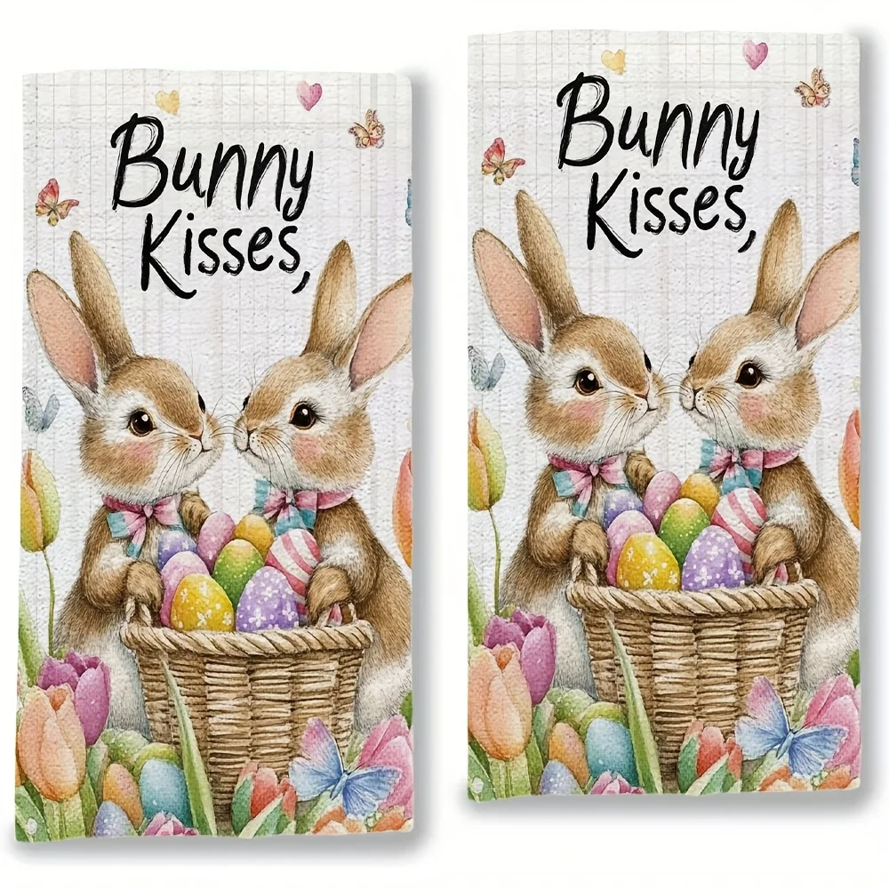 2Pcs, Easter Double Bunny Holding Eggs Kitchen Towels, 40Cm*60Cm Towel Set, Super Absorbent Soft Cleaning Cloth, Cooking and Baking Tea Towels, Tea Towels, Hand Towels, Cleaning Cloths, Dishcloths, Kitchen Decoration, Living Room Decorations, Kitchen Essentials, Home Essentials
