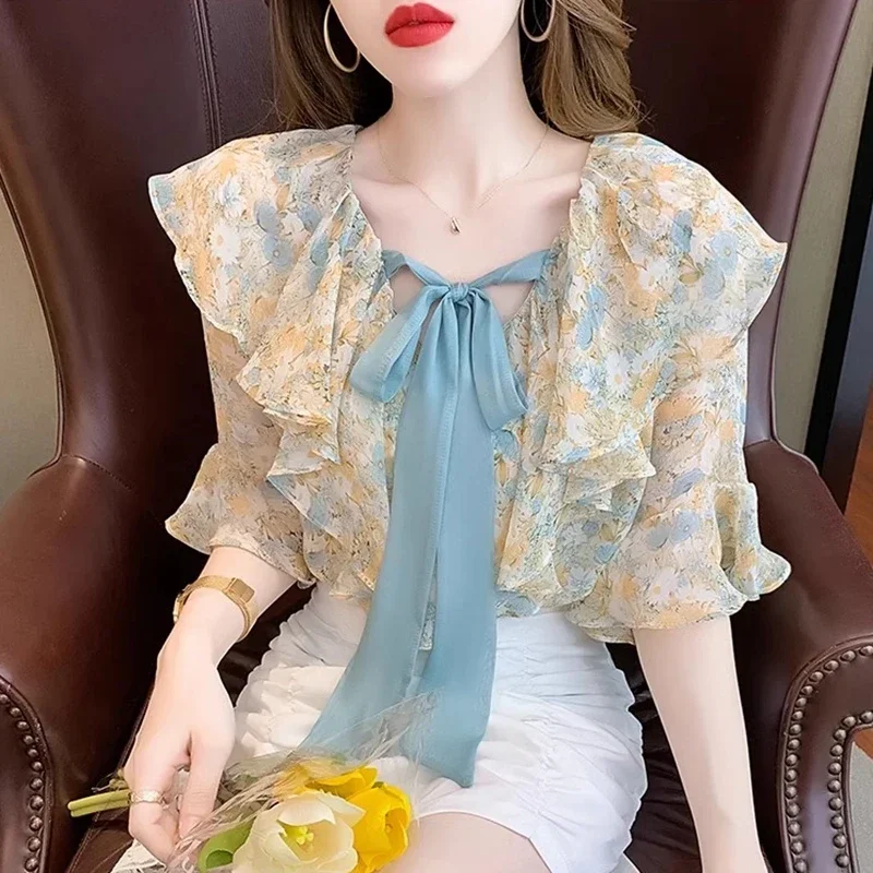 Floral Printed Summer Blouses Women 2024 Korean Fashion Short Sleeve Blusas Vintage Bow Neck ruffles Chiffon Tops y2k Shirts