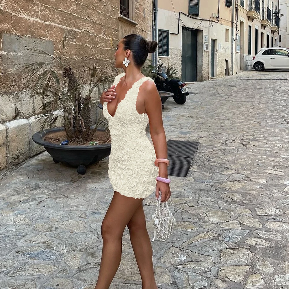 Suninheart Summer Floral Applique Mini Dress Sexy 2024 New Arrivals Orange V Neck Bodycon Party Dresses Satin Birthday Dress