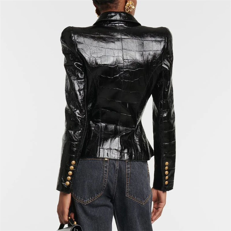 2023FW new women's black pu leather shiny shrug slim small suit high quality y2k Korean style button decorated temperamentJacket