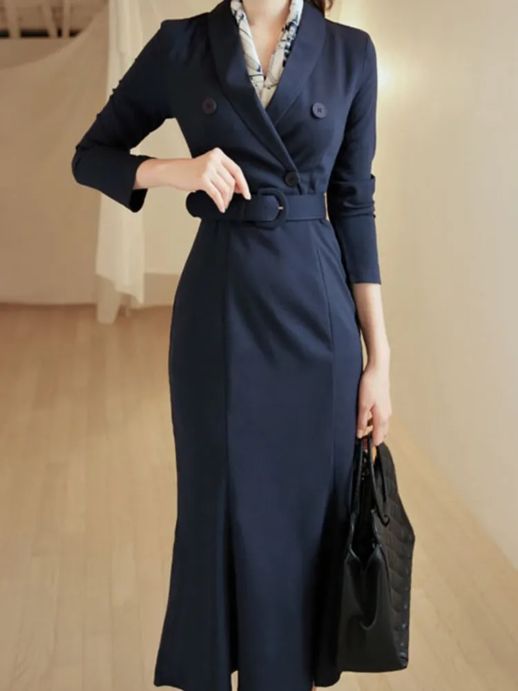 New Elegant Chic Office Women Dress Spring Long Sleeve Solid Vintage Business Belted Vestidos Female Clothes Long Party Robe