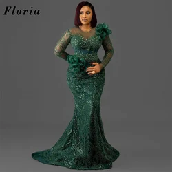 African Green Evening Dresses Elegant 2024 Aso Ebi Dubai Beading Mermaid Prom Dress Long Sleeves Mermaid Wedding Party Gowns