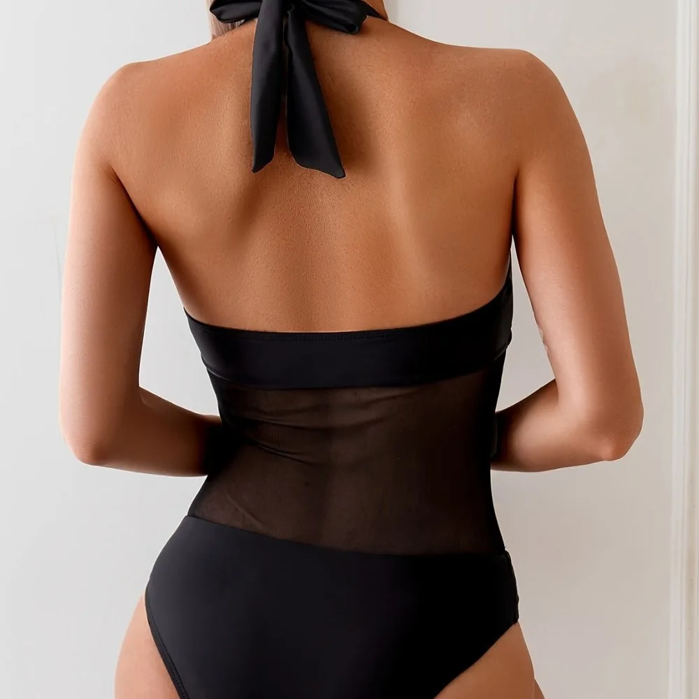 Sexy One Piece Mesh Splice Swimsuit Women Deep V Neck Backless Solid Color Bikini Thong Bathing Suit Brazilian One Piece Swimwea