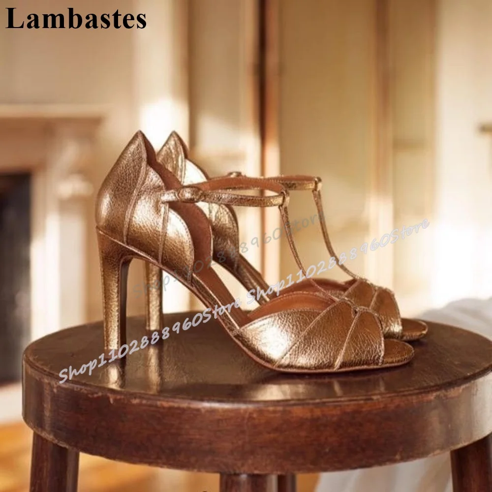 

Metallic Gold Splicing T Strap Sandals Thin High Heel Shoes For Women Buckle Strap Peep Toe Catwalk Gorgeous Luxury Women Pumps