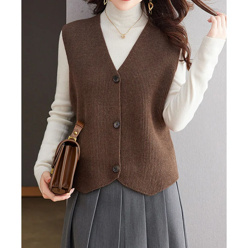 Knitted Women Sweater Vest Solid Jumpers Single Breasted V Neck Slight Strech Loose Fit Casual Office Lady 2025 Autumn Winter - Image 4