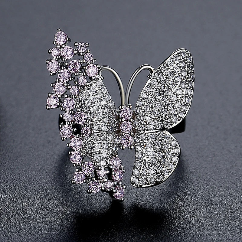 LUOTEEMI Pink Butterfly Adjustable Medium Size Sweet Ring for Girls Shine Cubic Zirconia Cute Party Birthday Gifts Wedding Ring