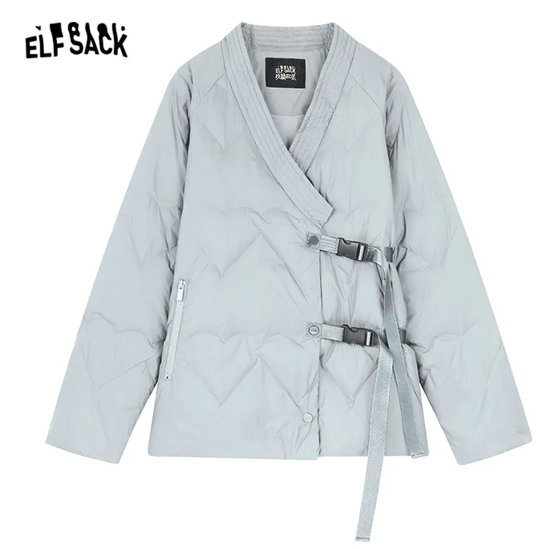 ELFSACK-abrigos de plumón negros para mujer, chaquetas de diseño suelto de estilo chino, invierno, 2023