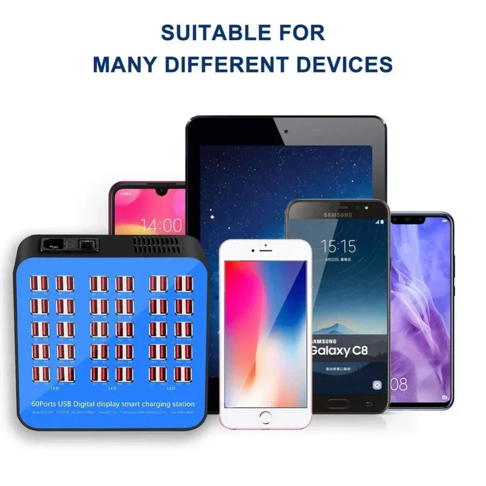 300W/200W/100W 10/20/40/60 Ports USB Charger Display For Android iPhone Adapter Multifunctional HUB Charging Station Dock Socket