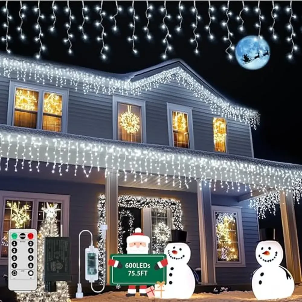 600 LED Icicle Lights Outdoor 75.5 FT with 120 Drops 8 Modes Remote Control Waterproof Plug in String Lights Christmas Holiday