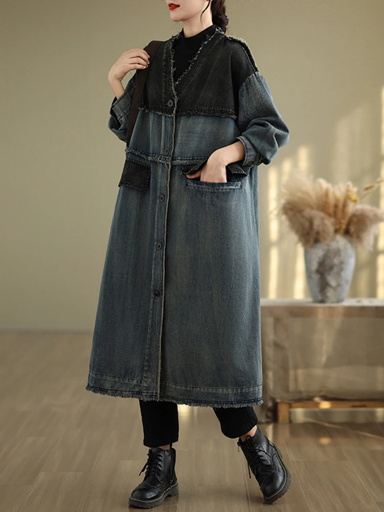 Max LuLu Fall Korean Vintage Long Coats Womens Fashion Loose Denim Trench Ladies Classic Casual Patchwork Oversized Windbreakers