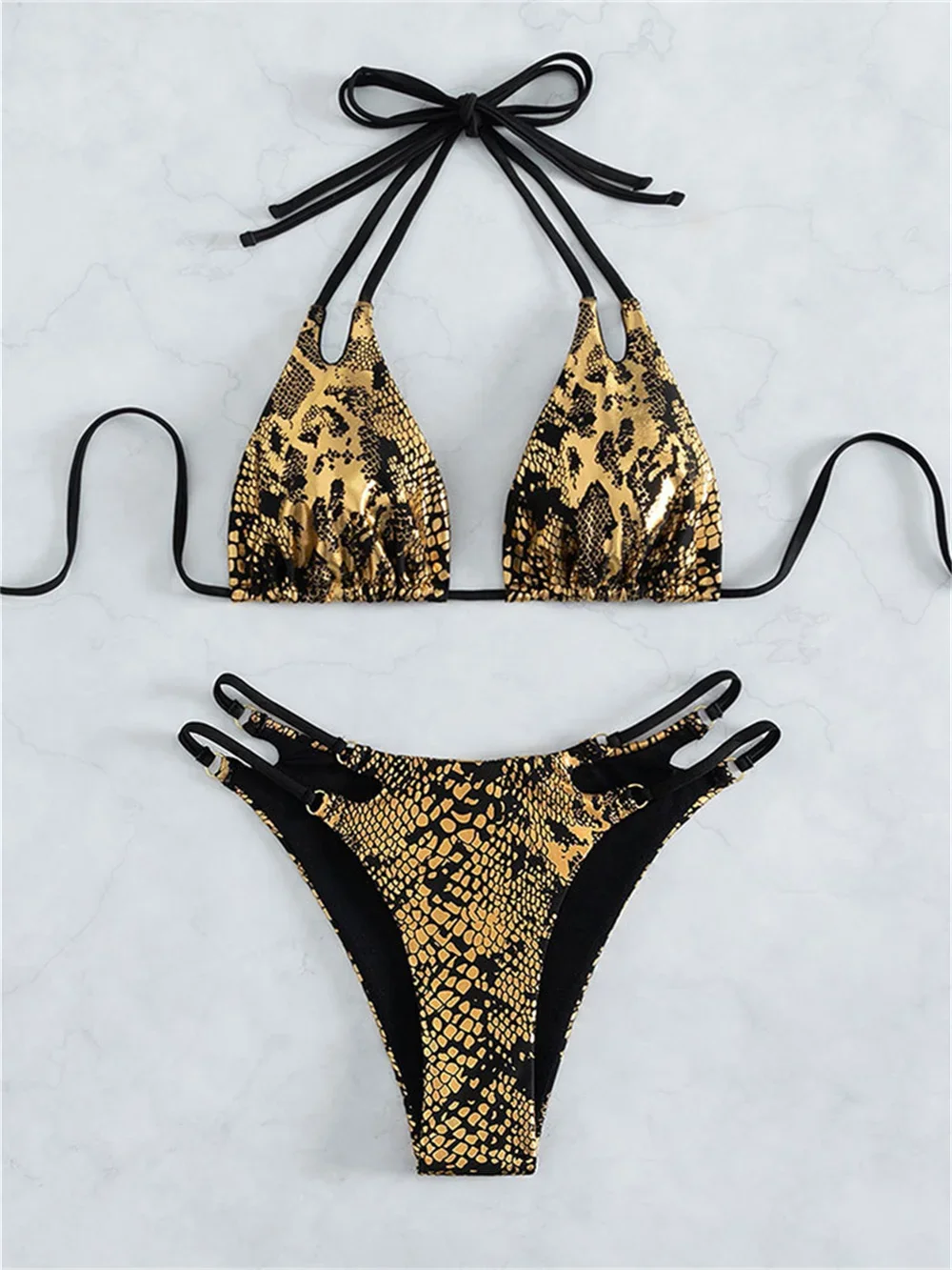 

Black Gold Snake Bikini Metallic Bronzing Goth Swimsuit Push Up Backless Extreme String Swimwear Thongs Women Beach Bathing Suit