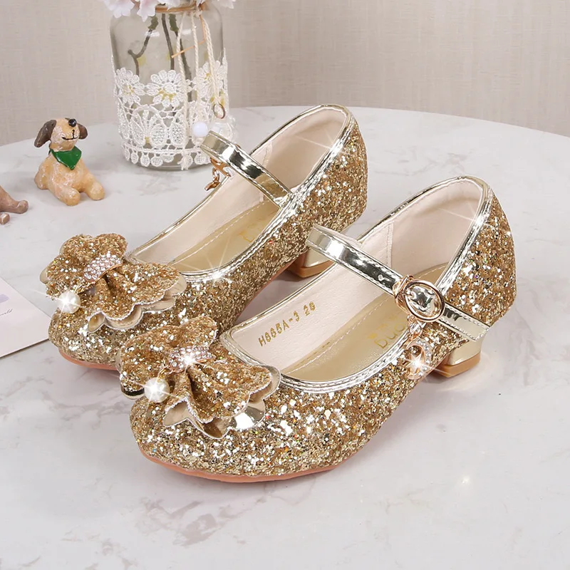 2024 Fashion Princess Butterfly Leather Shoes Girls Party Dance Bowknot Shoes Kids Diamond High Heel Children Dance Glitter Shoe