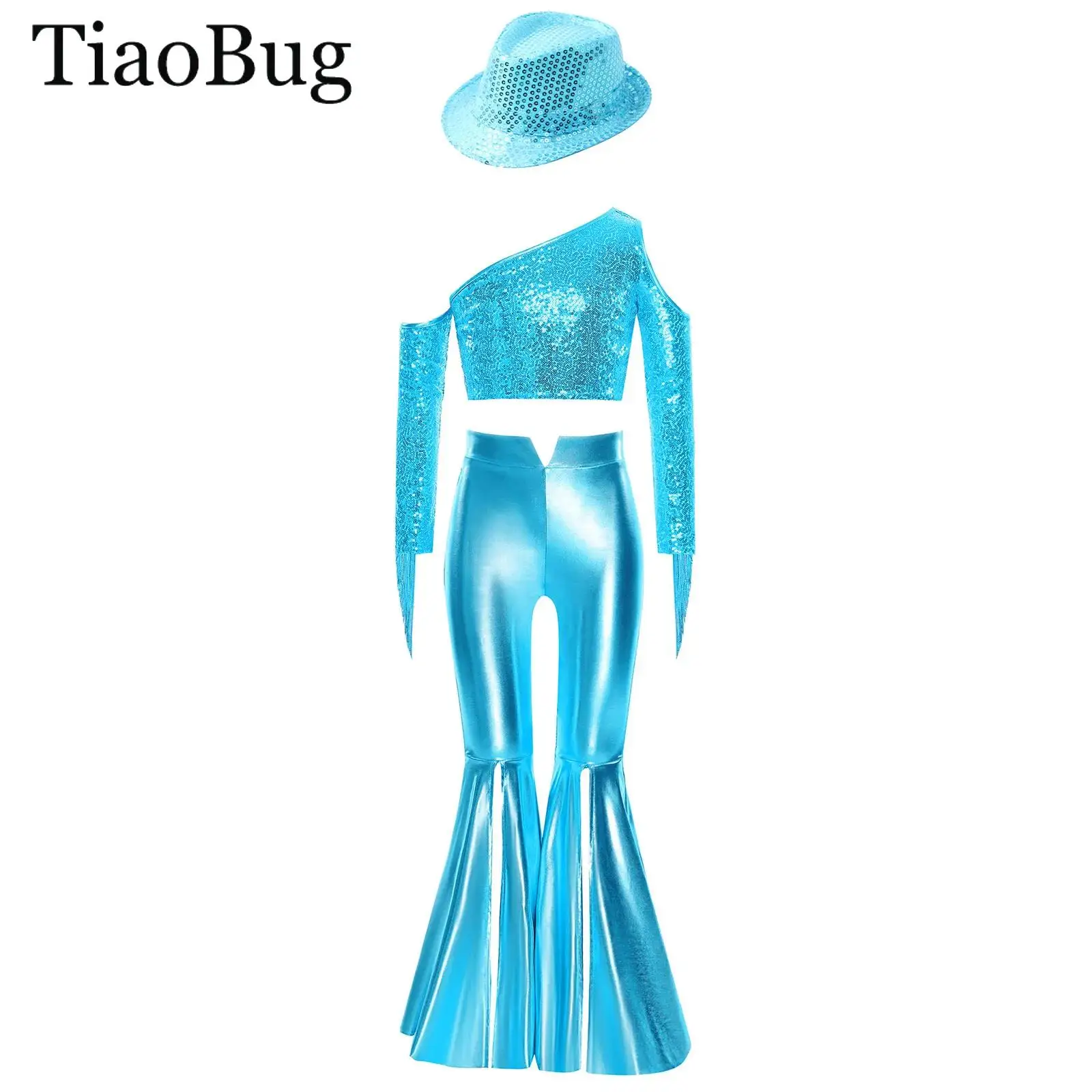 

Girls Pageant Set One Shoulder Sequin Crop Top with Split Bell-Bottom Pants And Hat Jazz Dance Metallic 70S Disco Hippie Costume